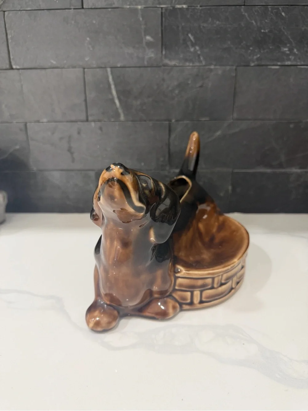 Antique Ceramic Dachshund Planter in Brown and Black